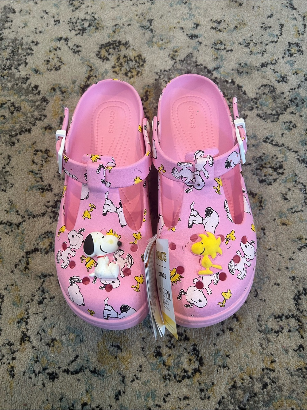 NWT CROCS Pink Snoopy & Woodstock T-Strap Clog Sandals